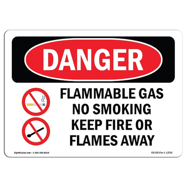 Safety Sign, OSHA Danger, 7" Height, 10" Width, Aluminum, Flammable Gas No Smoking, Landscape